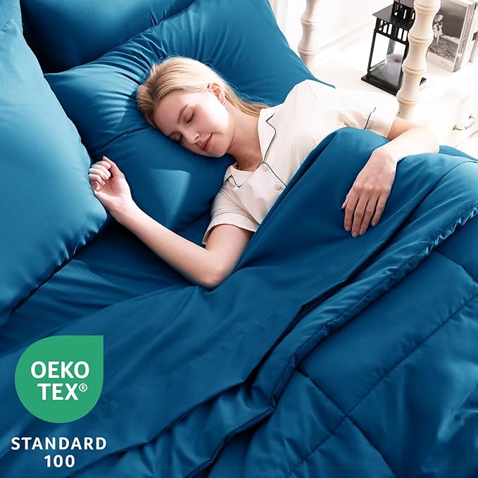 CozyLux Queen Comforter Set Teal, 7 Pieces Bed in a Bag, Teal Comforter Queen Size, All Season Bedding Sets with Stitch Quilted Comforter, Flat Sheet, Fitted Sheet, Pillowcases