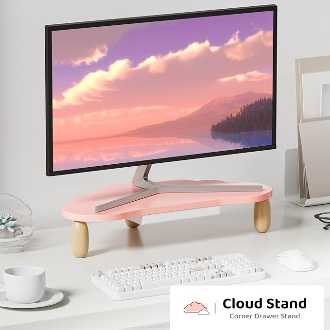 AFOOYO Monitor Stand Riser,Cloud-Shaped Sturdy Wood Computer Monitor Riser Wirh Drawer, Monitor Stand Riser, Multi-Purpose Desktop Organizer Riser for Computer,Laptop,Printer,TV,Pink