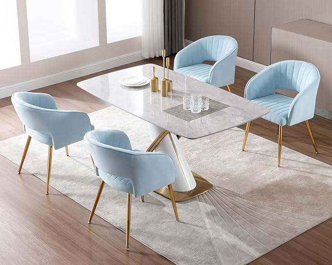 KCC Modern Accent Dining Chairs Set of 6, Velvet Dining Room Chairs with Tufted Hollow Back, Gold Metal Legs, Baby Blue