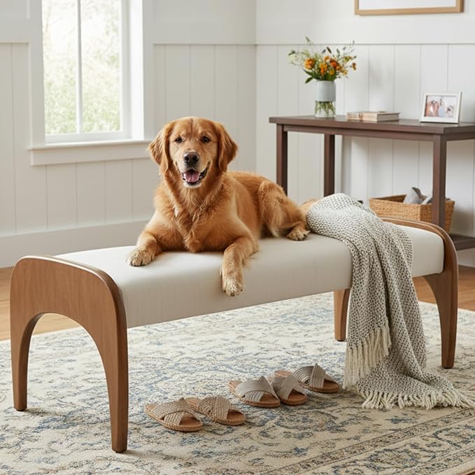 DUOMAY Modern 51" Wide Ottoman Bench, Long Entryway Bedroom Bench with Solid Wood Legs and Linen Upholstered Dining Bench Storage Bench for Living Room Indoor, Kitchen, White