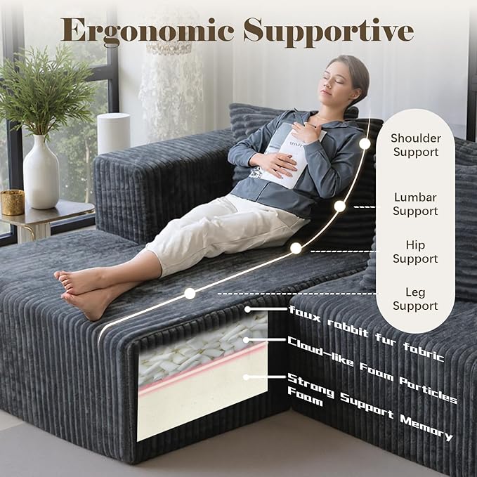 130'' U Shaped Couched for Living Room, Cloud Modular Sectional Couch with 2 Chaise Lounge, Modern Minimalist Upholstered Sofa Sleeper Deep Seat Corner Couch, No Assembly Required Dark Grey