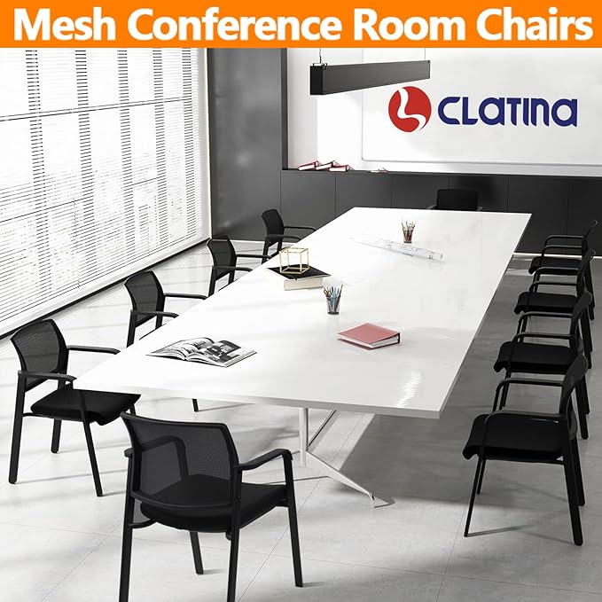 CLATINA Guest Reception Stacking No Wheels Desk Chair, Mesh Back Waiting Room Chairs with Arm Upholstered Fabric Seat and Ergonomic Lumbar Support for Office Conference School Church, Black (4 Pack)