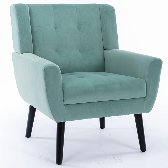 OO BY ORANGE ONLINE Velvet Accent Chair, Mid-Century Modern Tufted Armchair for Living Room, Bedroom & Office (Seafoam Green)