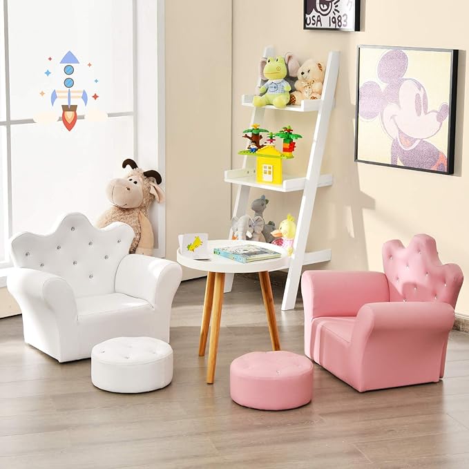 HONEY JOY Kids Sofa, Children Princess Upholstered Couch Armrest Chair with Ottoman, PVC Leather & Embedded Crystal, Toddler Bedroom Furniture for Baby Girl (White Crown Shape with Footstool)