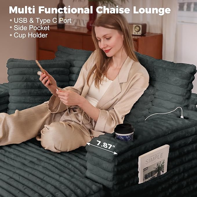 HUSFU 60'' Chaise Lounge Chair Indoor, Oversized Sleeper Sofa, Chaise Lounge Reading Chairs for w/Cup Holder and USB&Type C Port, Fluffy Plush Faux Fur Cloud Sofas Couches for Living Room, Grey Blue