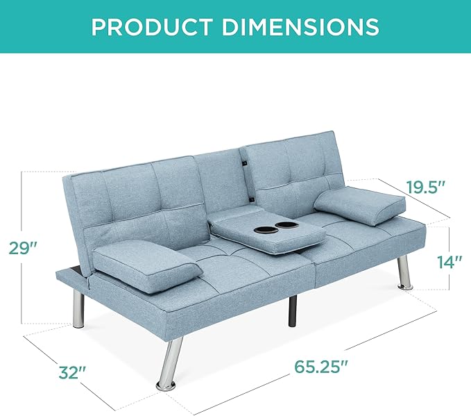 Best Choice Products Linen Modern Folding Futon, Reclining Sofa Bed for Apartment, Dorm w/Removable Armrests, 2 Cupholders - Light Blue