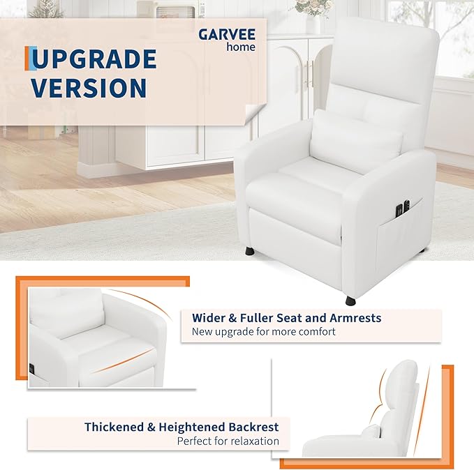 GarveeHome Power Recliner Chair, Adjustable Electric Recliner Ergonomic Overstuffed PU Leather Single Sofa, Tall Back, Padded Seat, 2 Side Pockets and USB Port, Home Theater Seating for Living Room