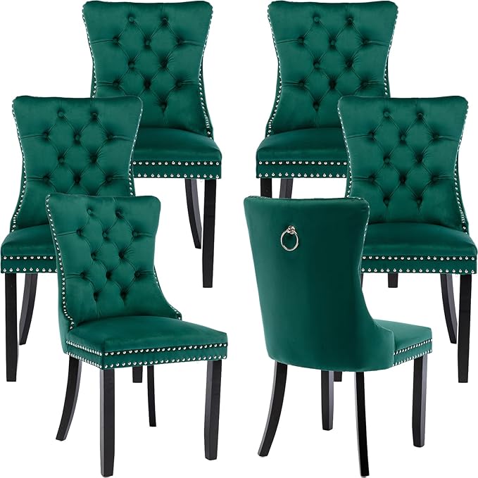 YeahFurn Green Mid Century Modern Dining Chairs Set of 6, Velvet Upholstered Kitchen & Dining Room Chairs with Nailhead Trim & Solid Wood Legs, Elegant Sillas De Comedor (Green, 6 Pcs)