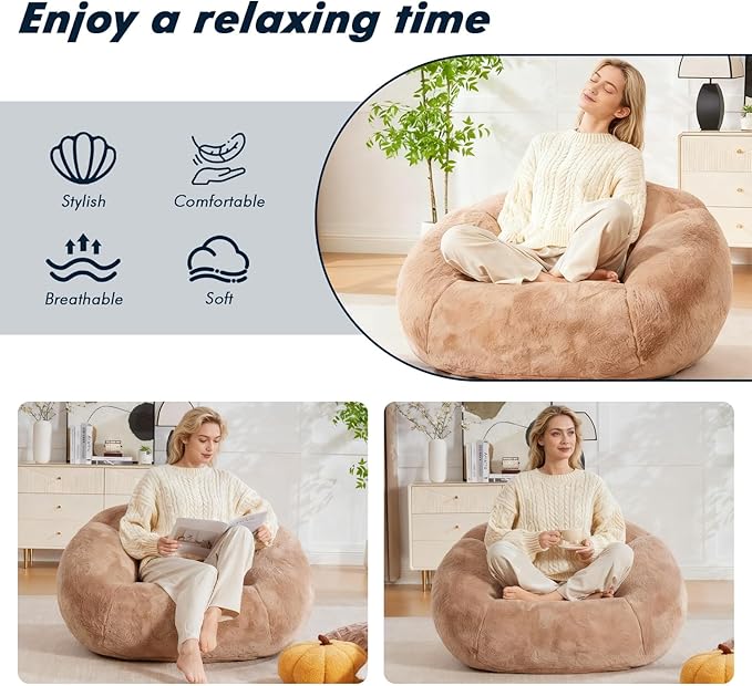 3.28 Feet Bean Bag Chair for Adults, Shell-Shaped Bean Bag Lazy Couch, Faux Fur Cloud Sofa Chair, Lounge Floor Sofa with Filler for Reading, Gaming & Watching, No Assembly Required (Camel)