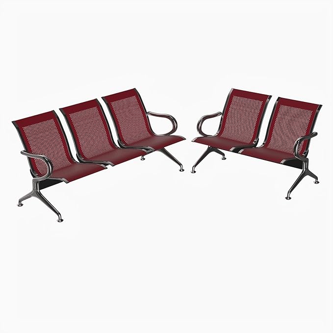 Kinfant 5-Seat Waiting Room Chair - Office Guest Reception Chairs with Ergonomic Backrests, Airport Waiting Bench with Armrests, Metal Waiting Furniture for Hospital, Dark Red (3-Seater+2-Seater)