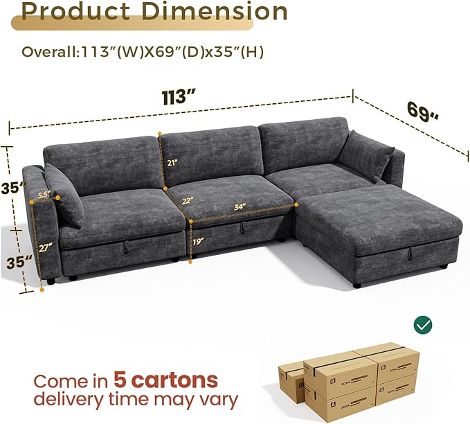 KKL Modular Sectional Oversize Sofa - Apartment Sofa Bed with Adjustable Backrest, 113" L Shaped Couches for Living Room, Down Filled Sectional Couch with Storage Ottoman Chenille, Grey