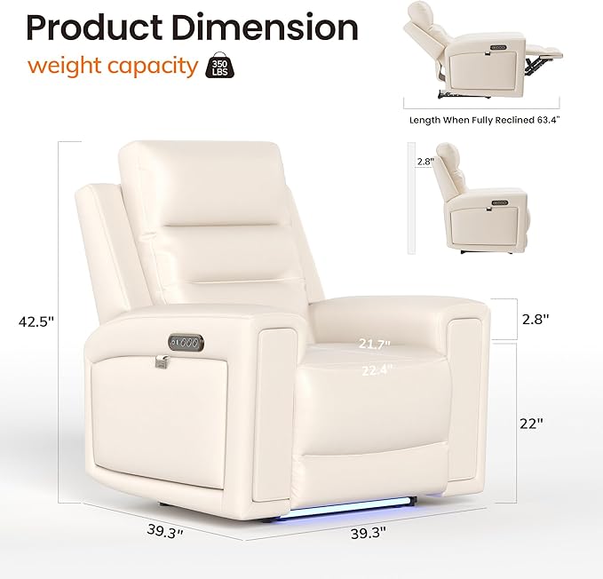 COLAMY Aura Triple Motors Power Recliner Chairs with USB and Type C Port, Home Theater Chair with LED Lights, Electric Wall Hugger Recliner for Living Room, Beige