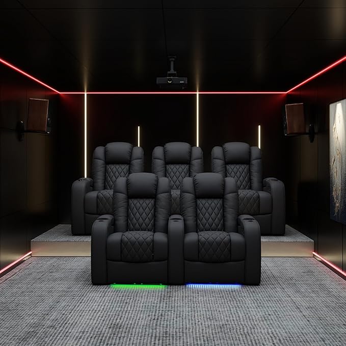 Weilianda Home Theater Seating Top Grain Leather Zero Gravity Recliner Chair Power Headrest Recline Movie Seat Gaming 7 Colors Mood Light Sofa with Tray Table USB Charge Row of 4 Loveseat Right Black