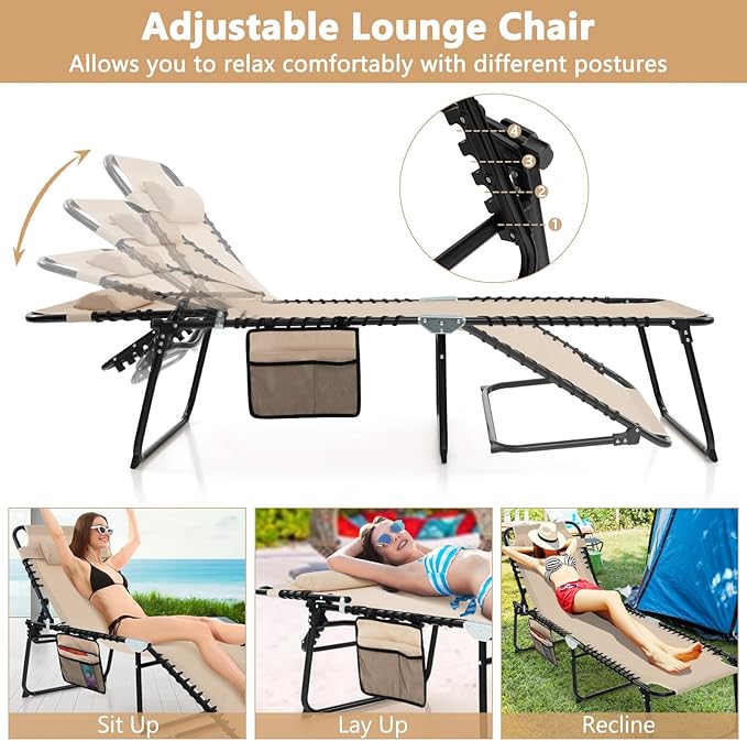 Giantex Patio Lounge Chairs for Outside - Set of 2 Folding Tanning Chair w/Headrest, 4 Adjustable Positions, Side Pocket, Outdoor Chaise Lounge for Camping, Pool, Sunbathing Beach Chair, Beige