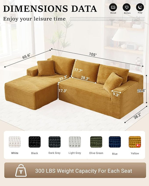 105 Inch Modular Sectional Sofa,Modern Cloud Sectional Couch with Deep Seat,Corduroy Boneless Couches with L-Shape Chaise for Living Room Bedroom,No Assembly Required (Yellow, Left Facing Chaise)