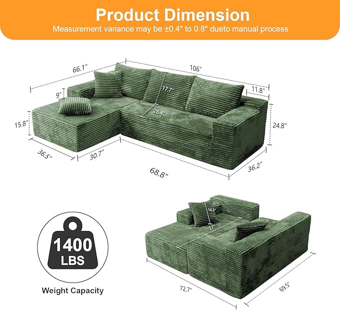 106'' Boneless Couches for Living Room, L Shaped Modular Sectional Sofa with Chaise Lounge, Faux Rabbit Fur Layered Cushion Deep Seat Cloud Couch, No Assembly (Green, 106 L Shaped Left Facing Chaise)