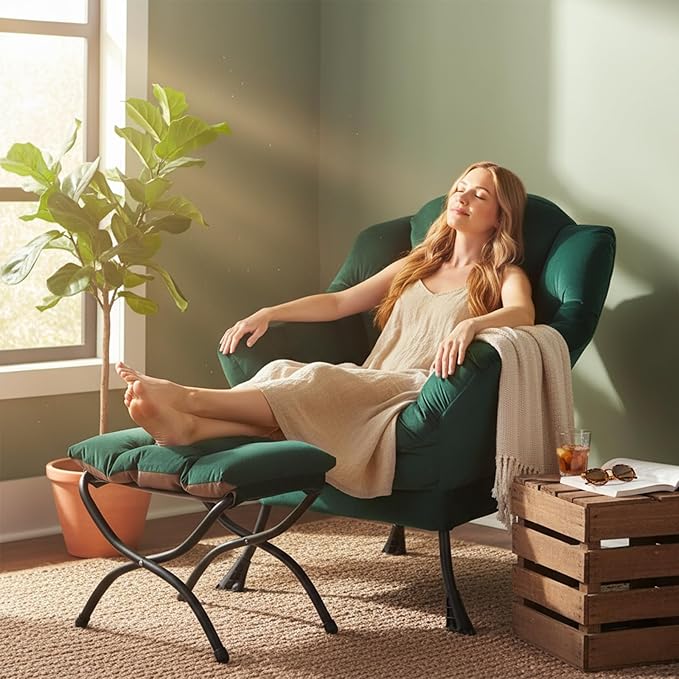 Welnow Lazy Chair with Ottoman, Modern Lounge Accent Chair with Armrests and a Side Pocket, Leisure Sofa Armchair, Reading Armchair with Footrest for Small Space, Dark Green