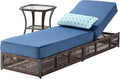 ACTREST Luxury 2PCS Outdoor Chaise Lounge and Side Table Set with 5 Inch Thick Cushions - High Back Brown Wicker Patio Recliners Chairs Lounger for Poolside Pool Porch Garden Sunbathing - Navy Blue