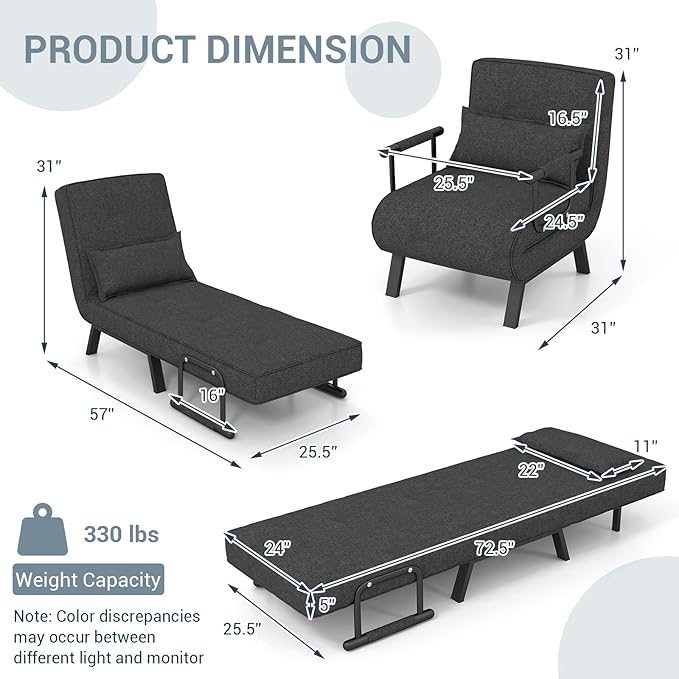 KOMFOTT Convertible Sleeper Chair Bed, 4-in-1 Folding Sofa Bed with 6-Position Adjustable Backrest, Upholstered Chaise Lounge with Removable Pillow, Leisure Recliner Lounge Couch for Home Office