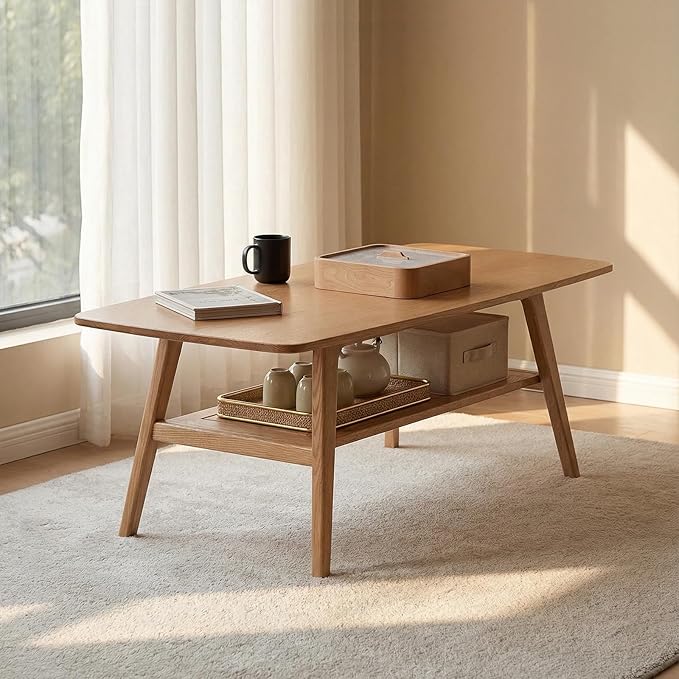 Mid Century Modern Coffee Table: 100% Solid Wood Coffee Table - 2-Tier Storage Design - Practical Coffee Tables for Living Room, Apartment, Easy Assembly (Natural, 39.37")