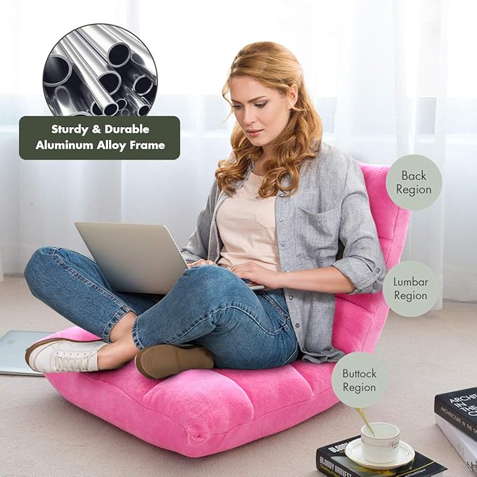 S AFSTAR Cushioned Floor Chair, 14-Position Adjustable Padded Lazy Recliner with Comfortable Back Support and Skin-Friendly Cover, Great for Reading, Playing Game, Meditating (Delightful Pink)