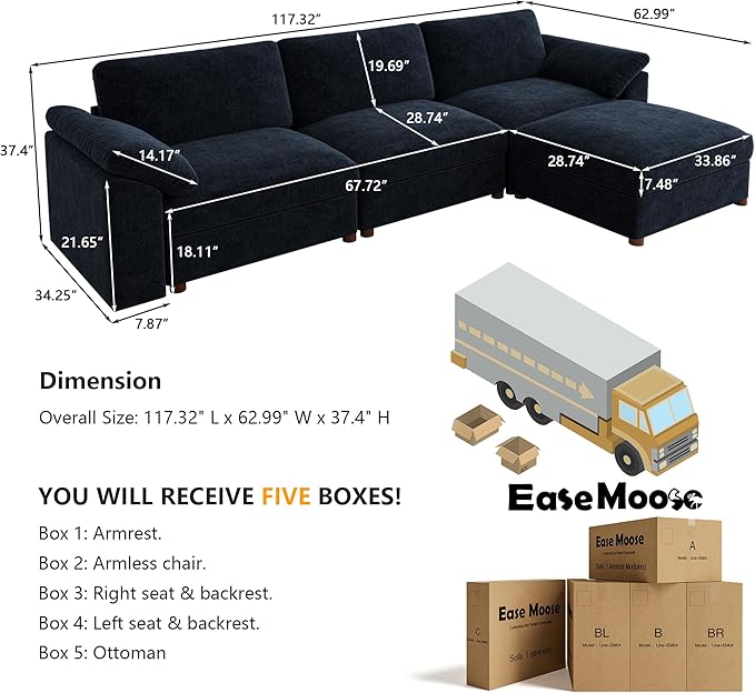EASE MOOSE Sectional Modular Sofa, Oversized L Shape Sectional Couch Wide Deep seat Sectional Sofa,FSC Certified Comfortable Chenille Blue Modular Sofa