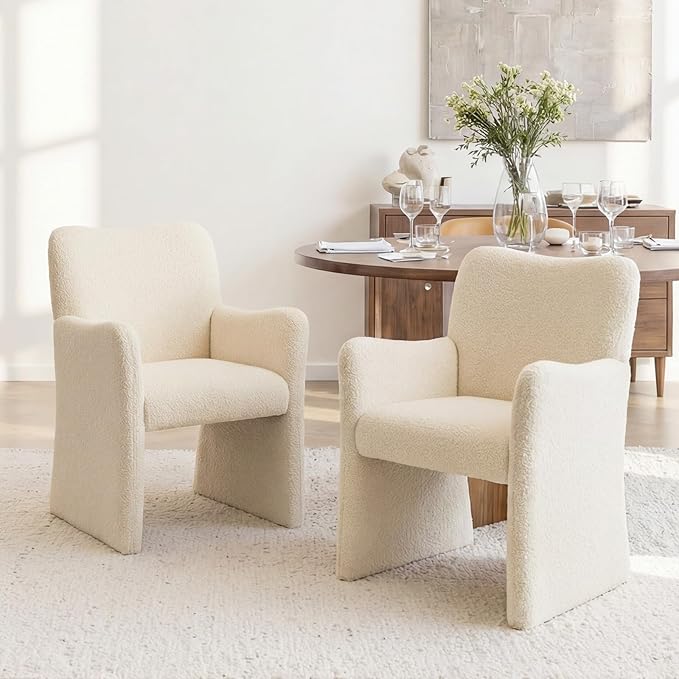 CIMOTA Boucle Dining Chairs Set of 2, Sherpa Upholstered Accent Chairs with Arms/Wood Legs, Comfortable Kitchen Chairs for Living/Reception/Dining Room, Beige