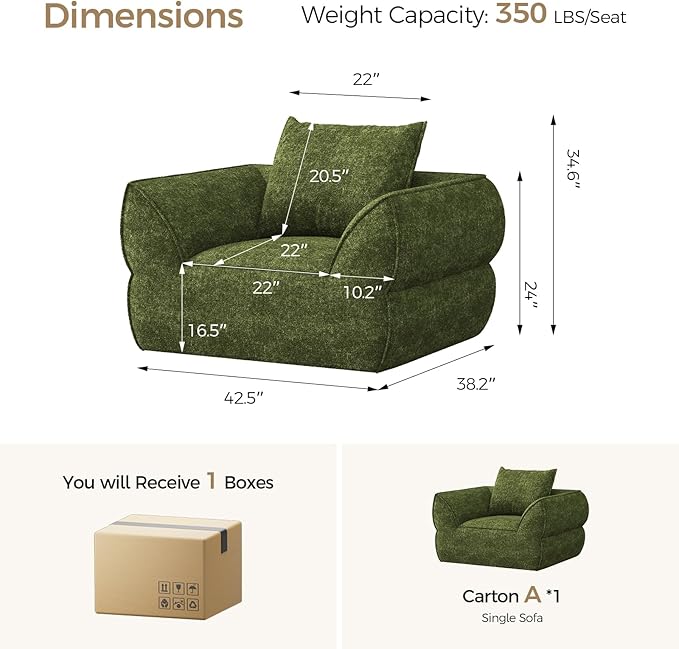 42.5" Single Cloud Sofa, Boneless Couch for Small Spaces, Modern Comfortable Upholstery Sofas with Pillows for Living Room, Apartment, Dorm, Office, Removable Cover, No Assembly Required, Algae Green