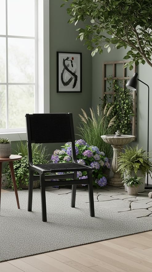 Modern Woven Dining Chair, Black Wood Frame, Armless Accent Chair with Comfortable Seat & Back, No Assembly Required, for Dining Room, Kitchen, Breakfast Nook, 20 x 18 x 35 Inches