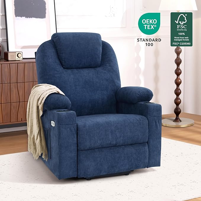 MCombo Power Lift Recliner Chair for Elderly, Lift Chair with Heat and Massage, USB&Type C Ports, Extended Footrest, Cup Holders, Fabric 7040 (Medium, Admiral)
