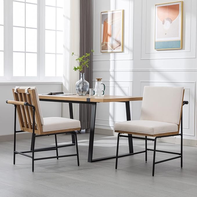 LukeAlon Linen Dining Chairs Set of 2, Upholstered Square Back Kitchen Chairs with Metal Legs Mid Century Armless Parsons Chairs with Wood Frame for Dining Room Reception Room, White