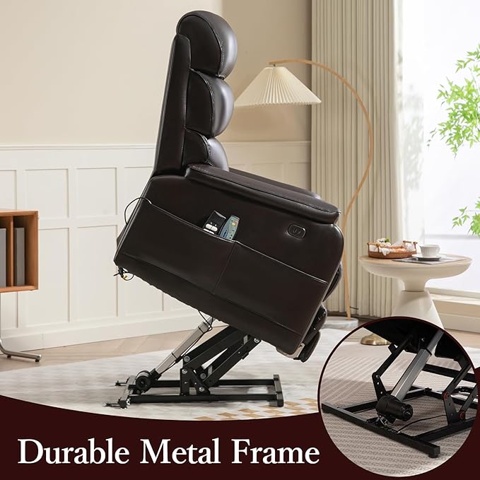 Power Lift Recliner Chair, Big Tall Man Lay Flat Ergonomic Lounge with Extended Footrest for Elderly People, Single Sofa Heat & Massage. Home Theater Seat, USB&Type-C Port (PU Leather, Reddish Brown)