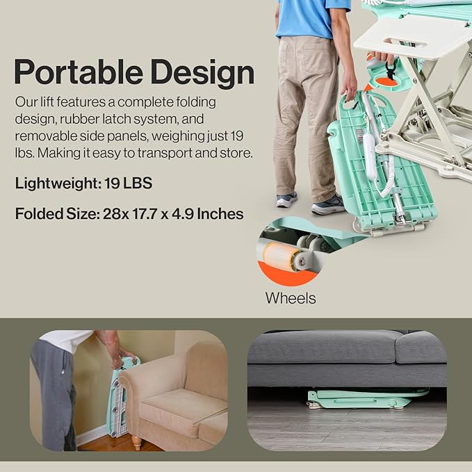 SuperHandy Portable Floor & Bath Lift – 26V 51.8Wh Battery, Lightweight 19 lbs, Foldable, 330 lb Capacity, IP68 Waterproof Lift for Seniors, Ergonomic Seat with Removable Panels (Aqua Blue)