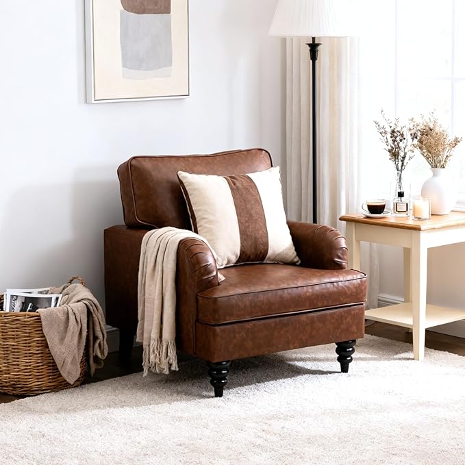 chairus Mid Century Modern Faux Leather Accent Chair Set of 2, Vintage Club Armchair with Firm Supportive Seat & Soft Backrest, Comfy Single Sofa Reading Chair for Living Room Bedroom Apartment, Brown