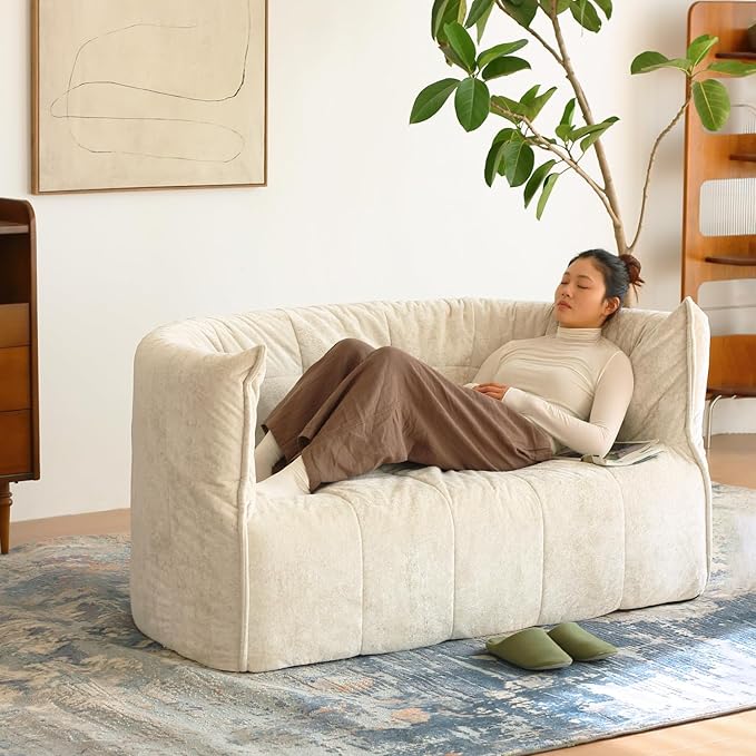 N&V Mid Century Brigantin Deep Relaxation Sofa, Soft Premium Chenille, for Living Room Bedroom and Office (Ivory, Single)