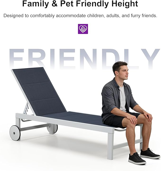 PURPLE LEAF Outdoor Chaise Lounge Set Elderly-Friendly Straight Legs Adjustable Sunbathing Recliner with Side Table for Back Support Poolside Beach Patio Lounge Chairs Navy Blue 2 Sets