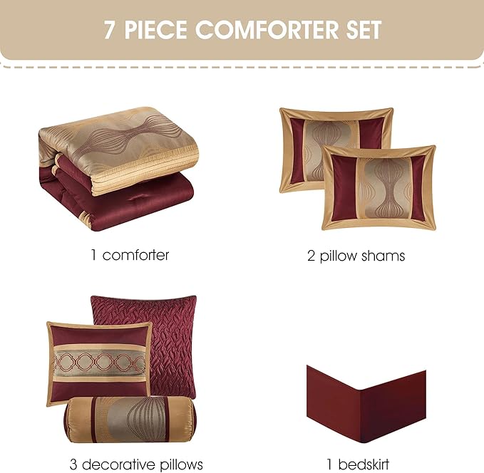 Grand Avenue Elegant Wine Gold 7 Pieces Lightweight Microfiber Bed-in-a-Bag Comforter Bedding Set,Striped, Jacquard California King Comforter Set, All Season Bedroom Home Décor
