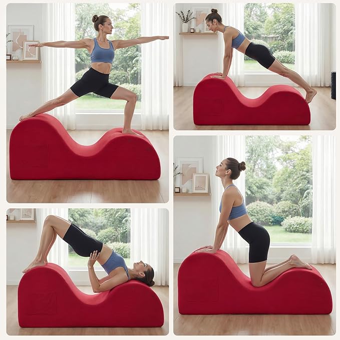Yoga Chaise Lounge Chair, S-Shaped Floor Sofa with Moveable Headrest, Lumbar Pillow, Support Cushion, Footrest, Non-Slip Base, No-Assembly Lounger for Stretching, Meditation & Relaxation (Red)