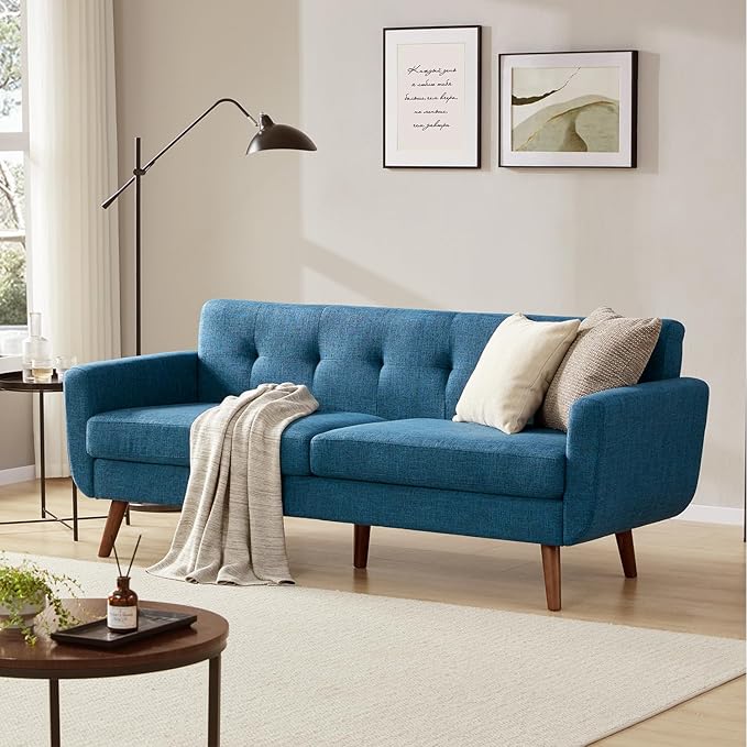 Tbfit 77.2" W Linen Sofa Couch, Mid Century Modern Decor Loveseat Couches for Living Room, Button Tufted Upholstered Small Couch for Bedroom, Solid, and Easy to Install Love Seats Furniture, Blue | linen fabric, button tufted, solid wood foot, pocket s...