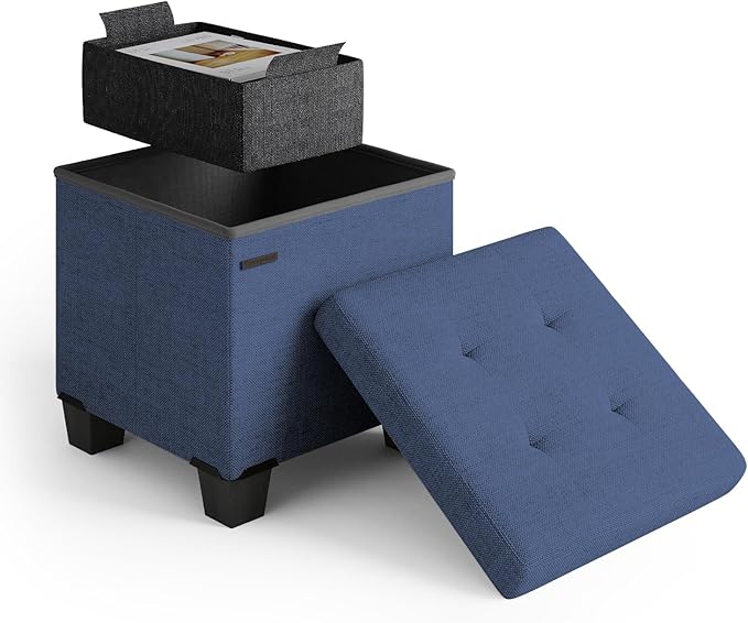 Storage Ottoman Cube with Small Bin, 16-in Square Ottoman with Storage for Living Room and Bedroom, Small Ottomans Foot Rest, Fabric Foot Stools Ottomans Max 330lbs, Blue