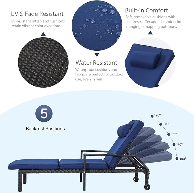 Patio Chaise Lounge – Adjustable Outdoor Lounge Chairs with Cushions & Headrest – All-Weather Rattan Reclining Lounge Chairs for Poolside, Garden, and Patio (1 Pc, Blue)