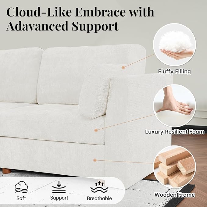 CUGOAO 83.5'' Oversized Loveseat, Couches for Living Room, Deep Seat Chenille Cloud Couch, Modular Sectional Sofa, Removable Cover, Mordern Upholstered Sofa for Apartment, Office, Beige