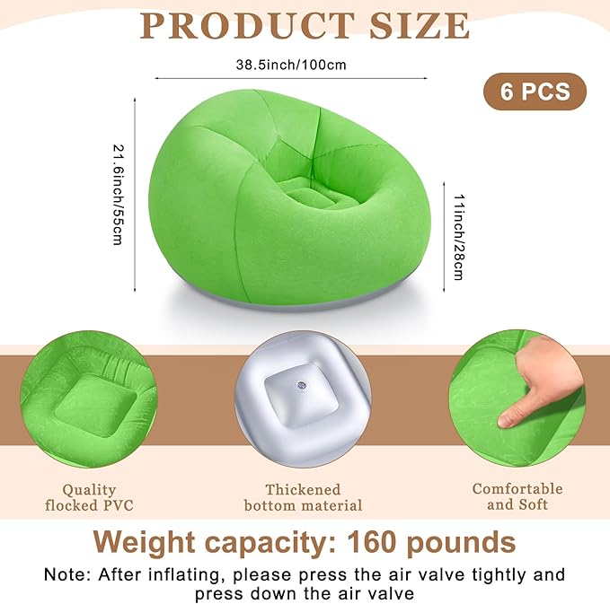 Realspring 6 Pcs Inflatable Bean Bag Chairs for Adults with Electric Air Pump, Blow up Couch Folding Portable Inflatable Couch Lazy Sofa for Outdoor Movie Nights Camping Room (Coffee,Orange,Green)