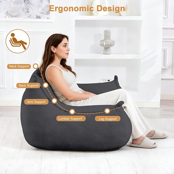 Giant Bean Bag Chair for Adults, Grey Loveseat Beanbag with Filling Plush Fluffy and Back Support, 2 Seater Lounge Lazy Floor Sofa, Memory Foam Couch for Living Room, Bedroom & Dorm