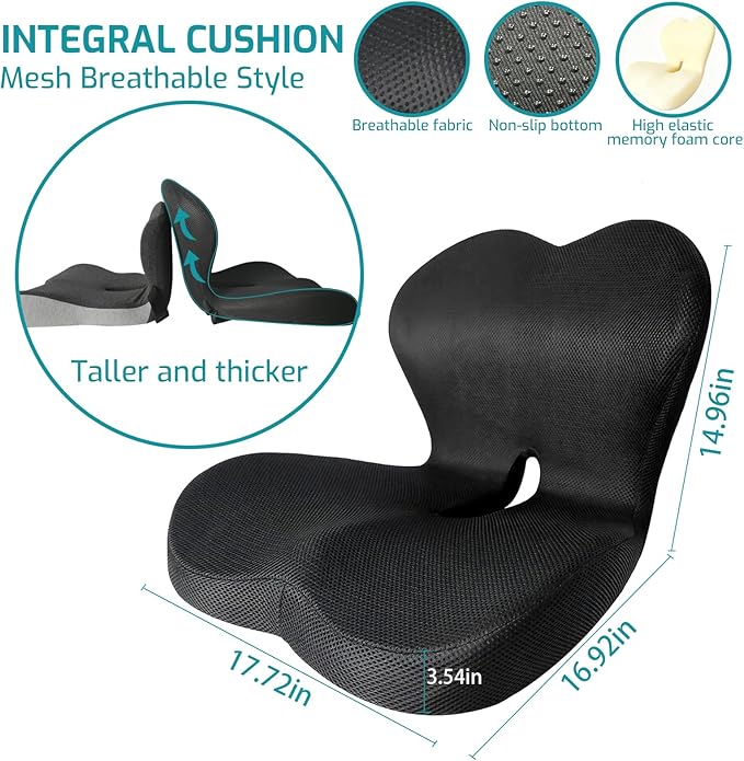 Memory Foam Seat Cushion,Office Chair Cushion with Lumbar Support for Back Pressure Relief,Sciatica,Car Seat Cushion with Adjustable Strap,Hip Pad Cushions for Car,Truck,Desk (D-Black+Mesh Cloth)