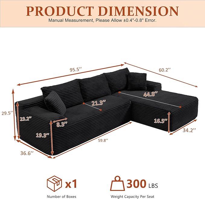 HYJT-H&K Modular Sectional Sofa Cloud Sectional Couch, 95" Comfy Fluffy L Shaped Black Couches for Living Room, Deep Seat Memory Foam Plush Corduroy Boneless Couch Sectionals Right Facing Chaise Sofa