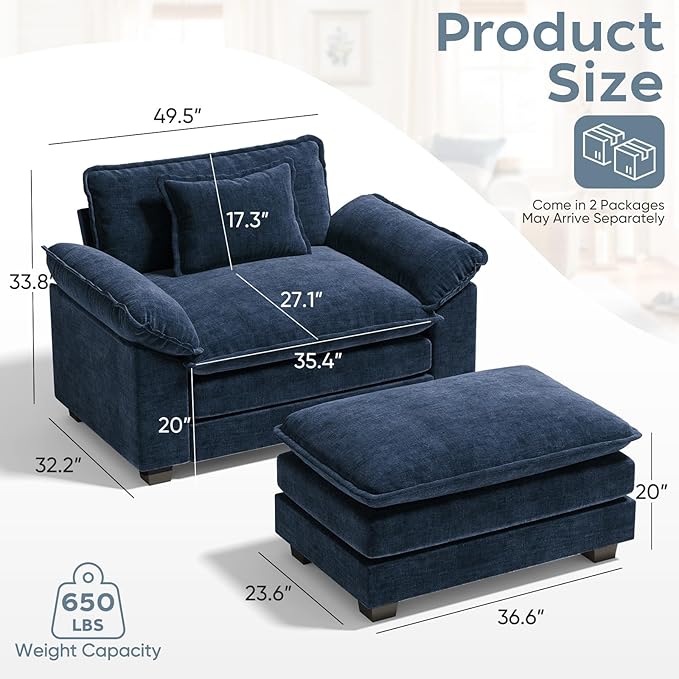 CDCASA 50'' Oversized Chair with Movable Ottoman, Chenille Comfy Cloud Sofa Accent Chair w/Large Seat and Armrests, Modern Extra Wide Armchair Reading Chairs for Living Room, Blue