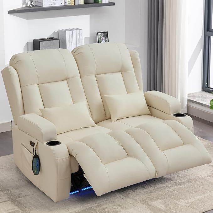 URRED Loveseat Recliner Sofa with Massage and Heat, Power Reclining Loveseat Sofa RV Couch Home Theater Seating with LED Lights, Cup Holders, Side Pockets, USB, Pillows, Faux Leather, Ivory