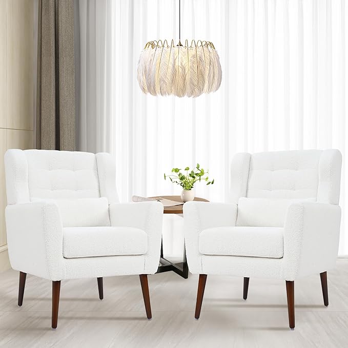 QKFF Accent Chair Set of 2, Upholstered Armchair with Pillow, Teddy Single Sofa with Lounge Seat and Wood Legs for Living Room Small Spaces
