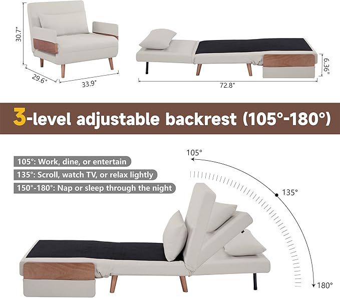 CITTANEO 34" Convertible Sleeper Chair, 3-in-1 Chair Bed Sleeper for Adults with 3-Position Adjustable Backrest, Pillow and Wooden Arms, Folding Sofa Bed for Apartment, Dorm, Office, Beige